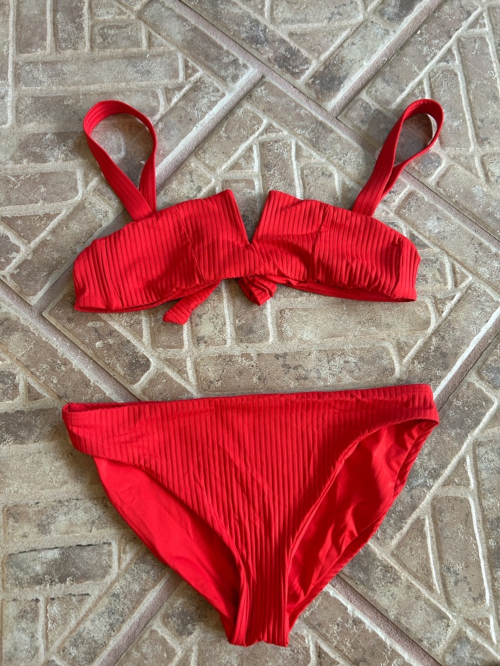 Vitamin A Red Ribbed V-Notch Bikini Top and bottom